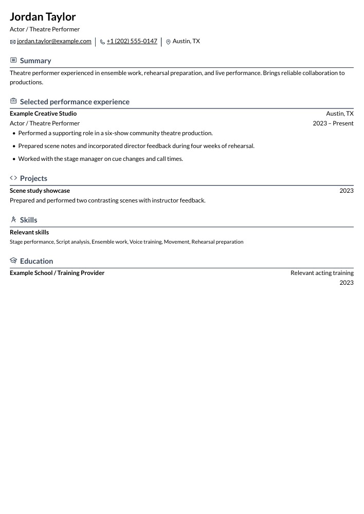 Actor / Theatre Performer resume in the Rhyhorn layout