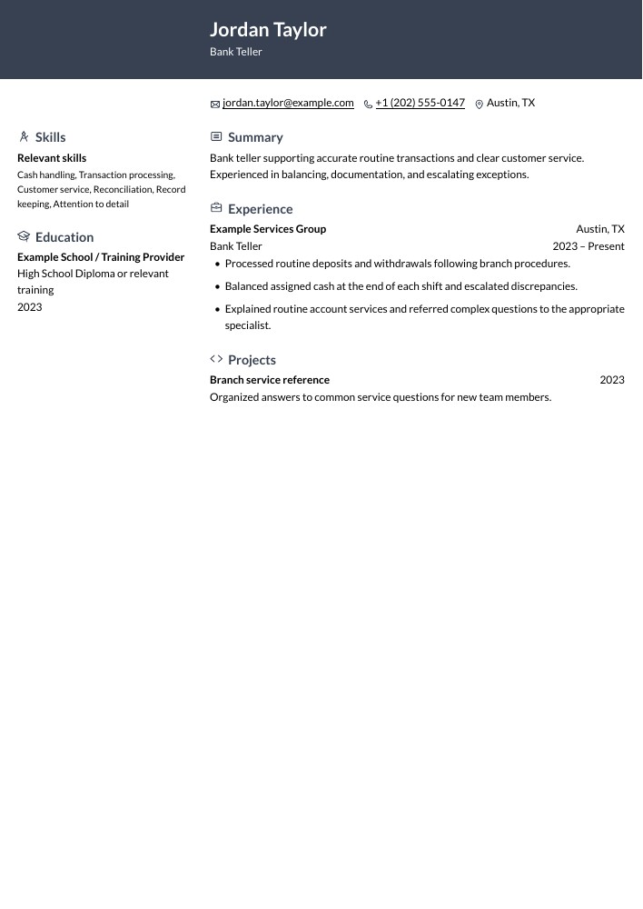 Bank Teller resume in the Ditto layout