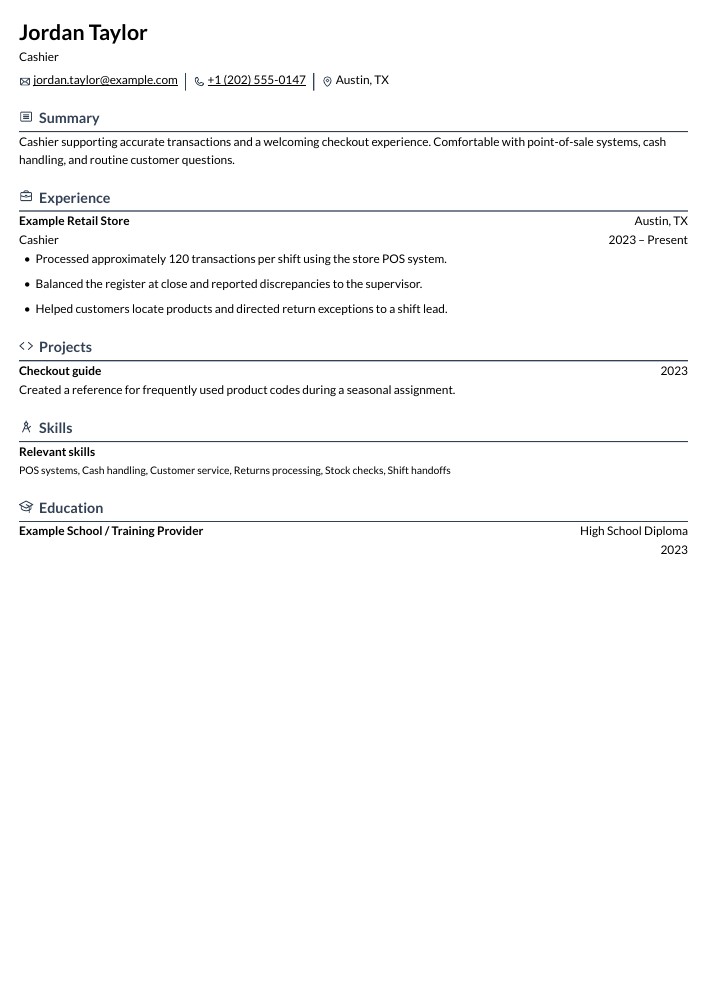 Cashier resume in the Rhyhorn layout