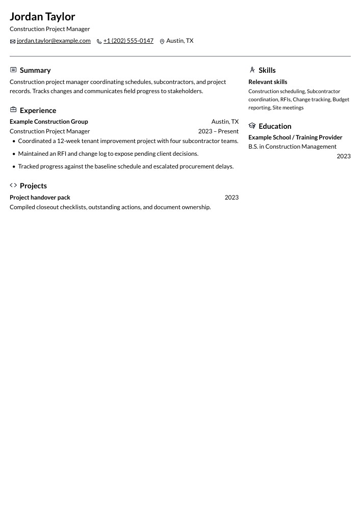 Construction Project Manager resume in the Onyx layout