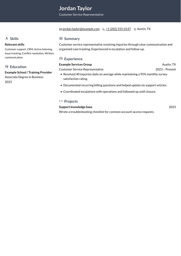 Customer Service Representative resume in the Ditto layout