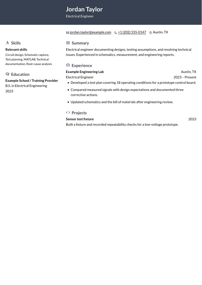 Electrical Engineer resume in the Ditto layout