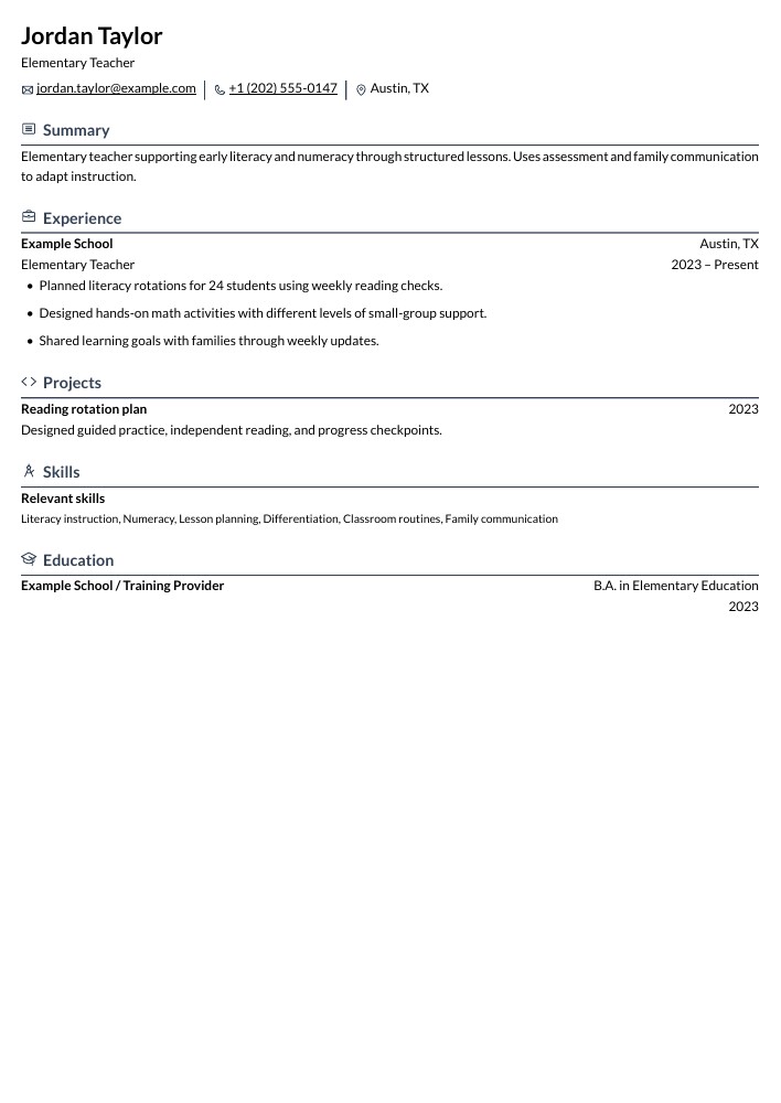 Elementary Teacher resume in the Rhyhorn layout
