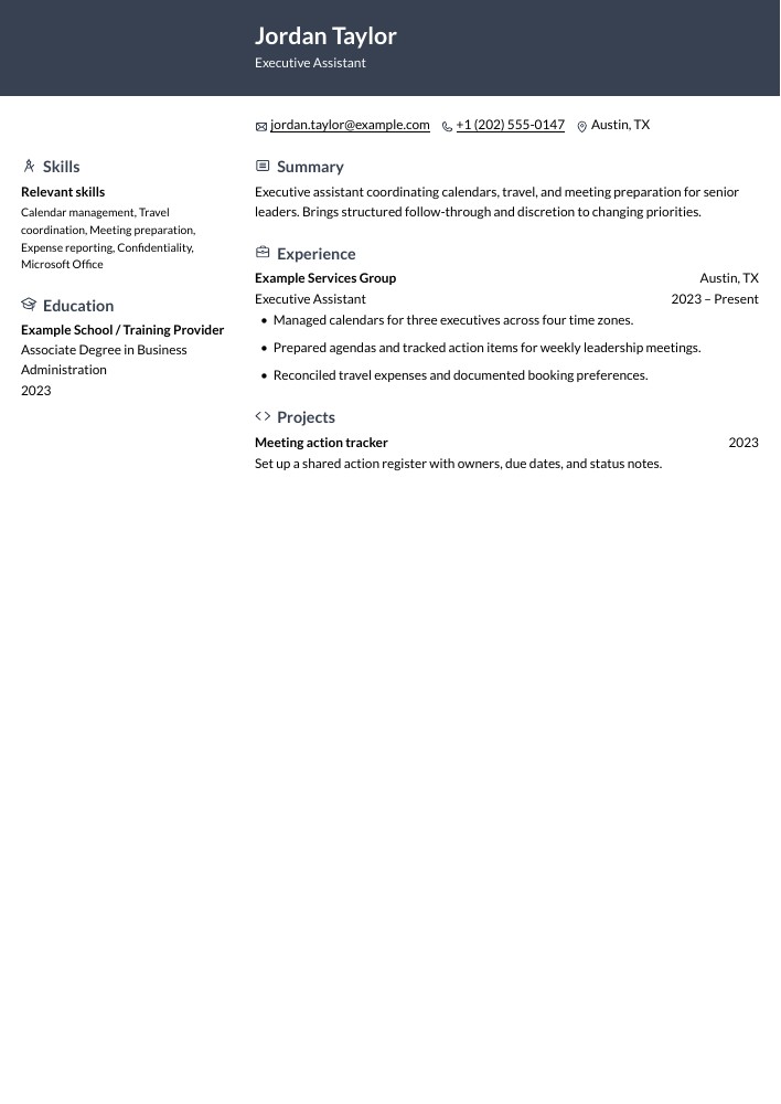 Executive Assistant resume in the Ditto layout