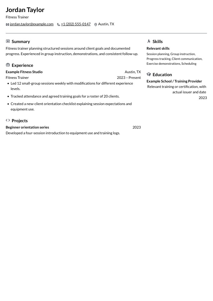 Fitness Trainer resume in the Onyx layout
