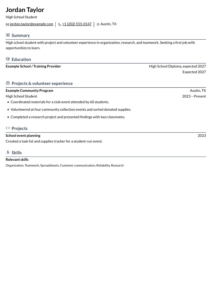 High School Student resume in the Rhyhorn layout