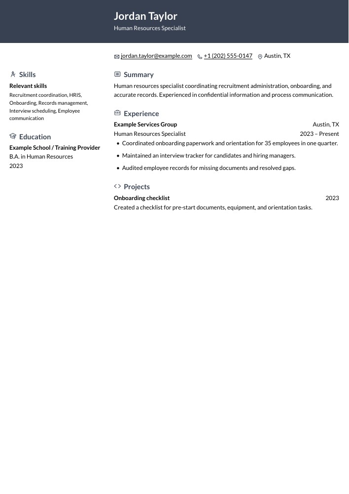 Human Resources Specialist resume in the Ditto layout