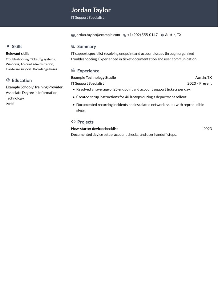 IT Support Specialist resume in the Ditto layout
