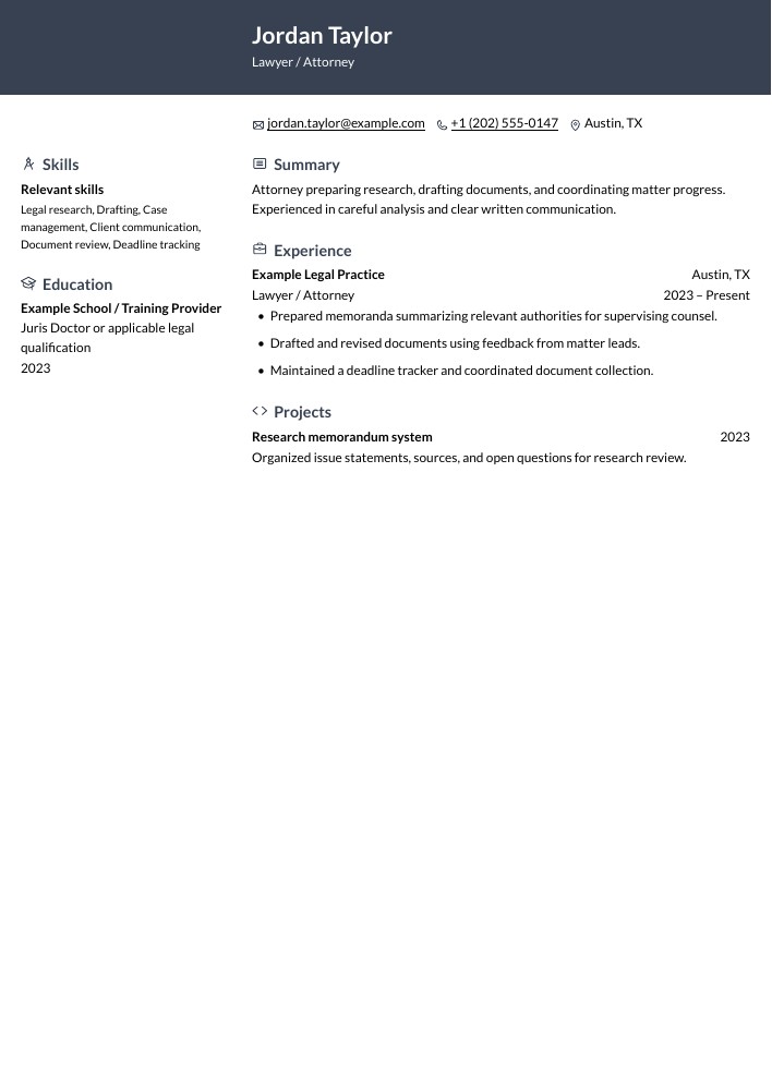 Lawyer / Attorney resume in the Ditto layout