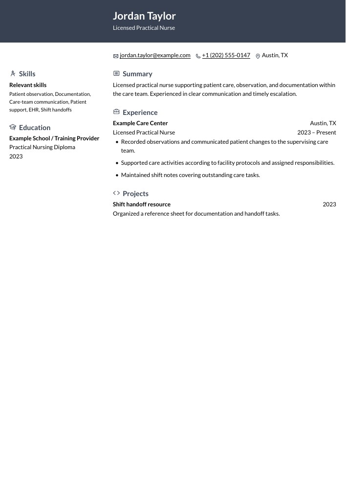 Licensed Practical Nurse resume in the Ditto layout