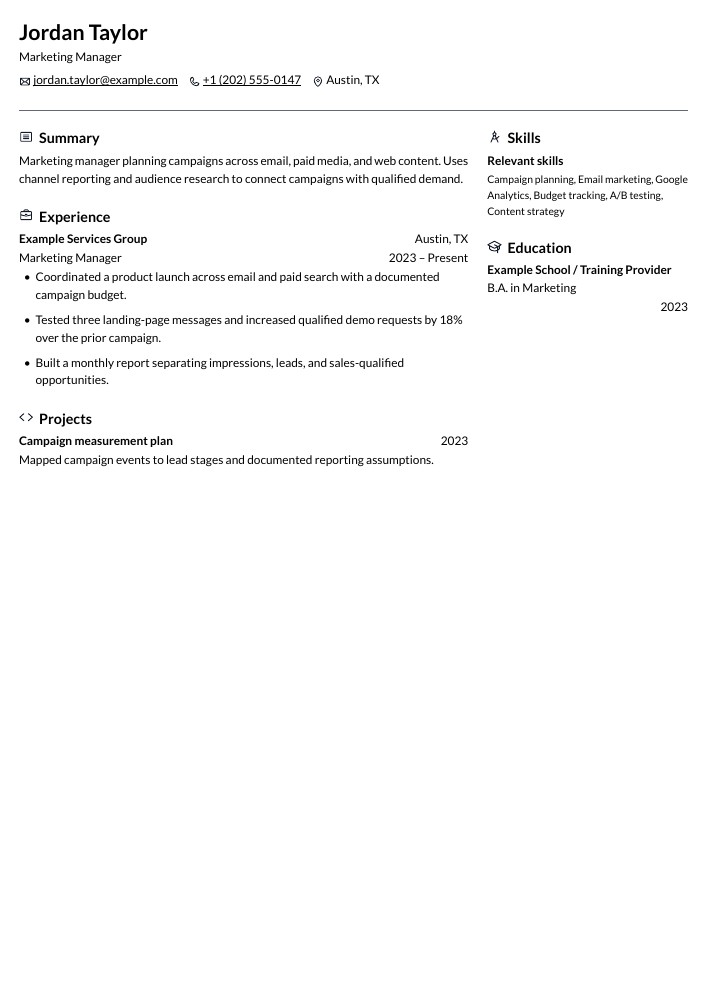 Marketing Manager resume in the Onyx layout