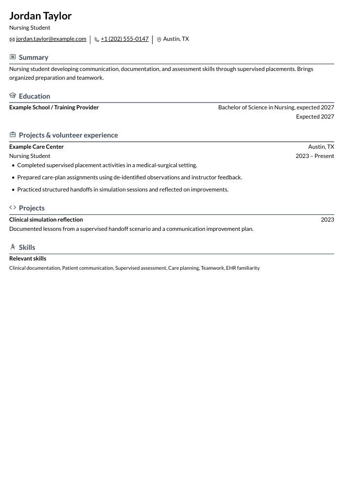 Nursing Student resume in the Rhyhorn layout