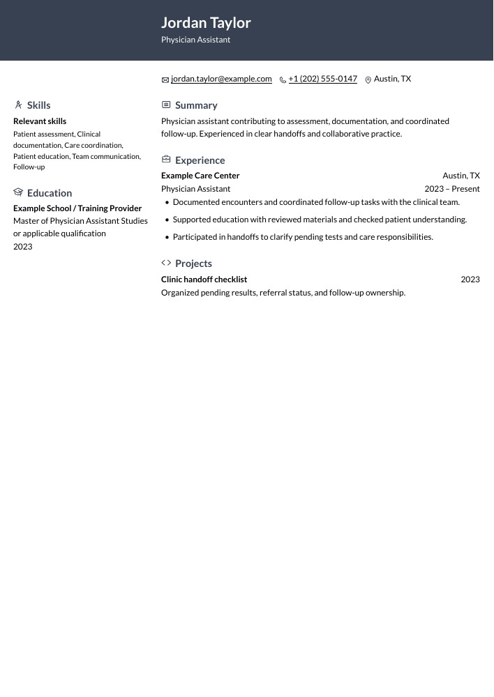 Physician Assistant resume in the Ditto layout