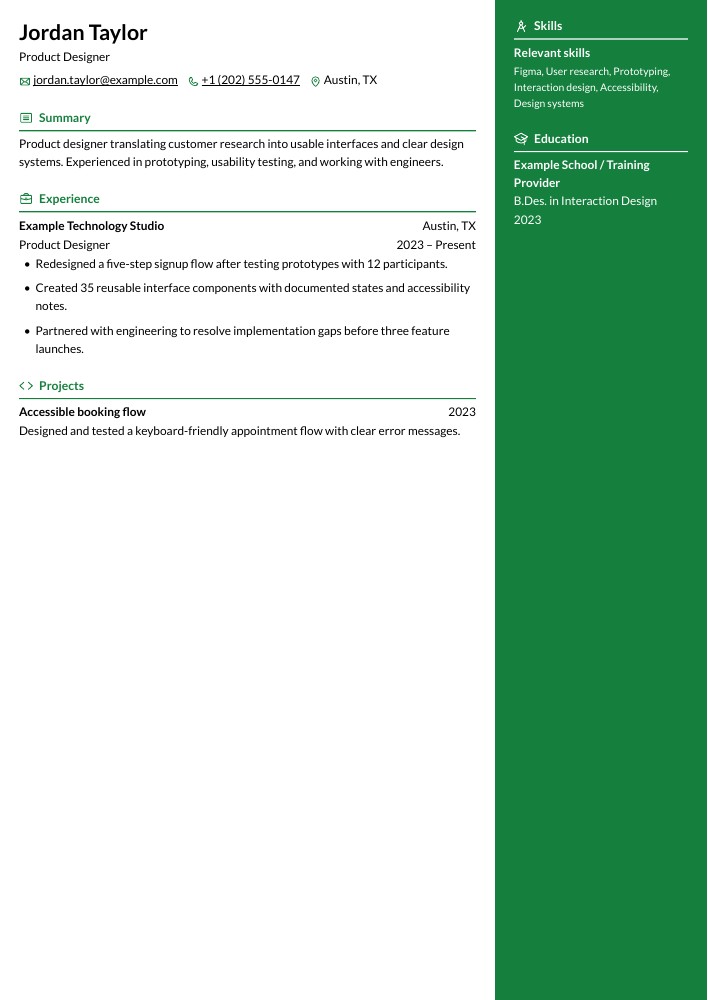 Product Designer resume in the Chikorita layout