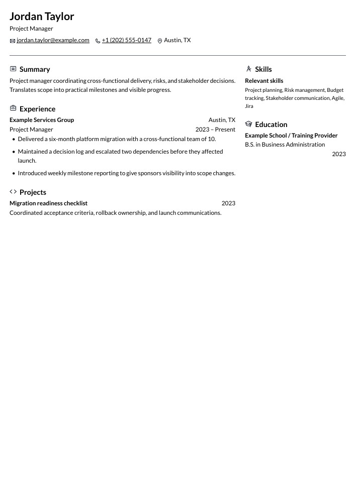 Project Manager resume in the Onyx layout