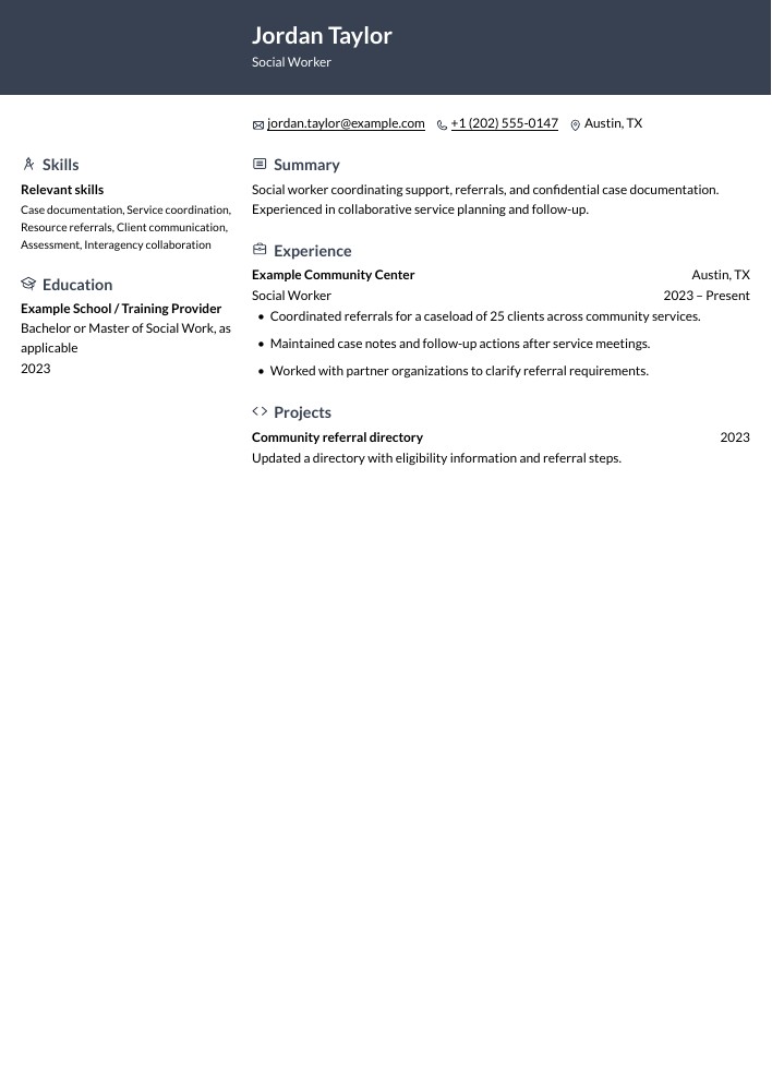 Social Worker resume in the Ditto layout
