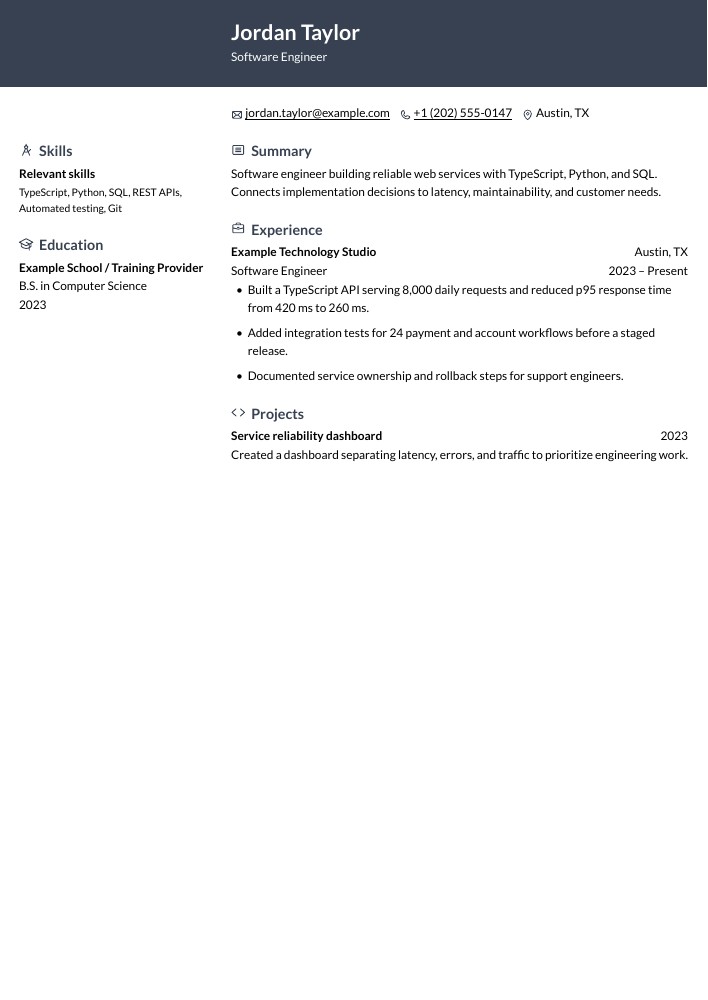 Software Engineer resume in the Ditto layout
