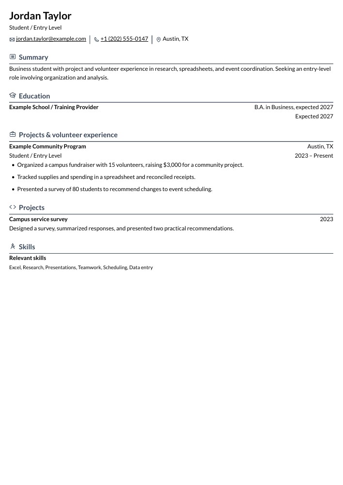 Student / Entry Level resume in the Rhyhorn layout