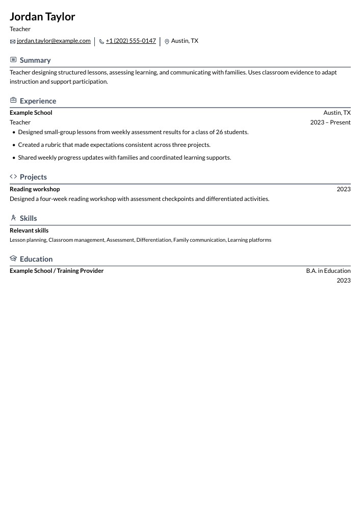 Teacher resume in the Rhyhorn layout